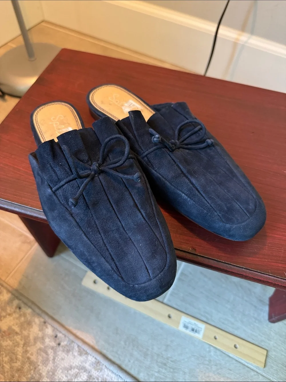 Women’s Navy Suede Slip-On Loafers with Bow Detail - Picture 1 of 4